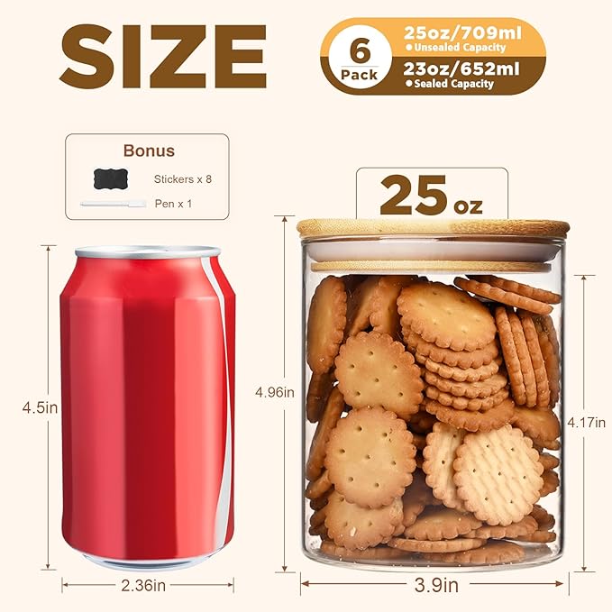 25oz Glass Food Storage Jars, Glass Jars with Bamboo Lids, Kitchen Storage Jars, Set of 6, Canisters with Airtight Lids for Spice, Coffee, Cookie, Pantry Organizers-Ruum Studio Home
