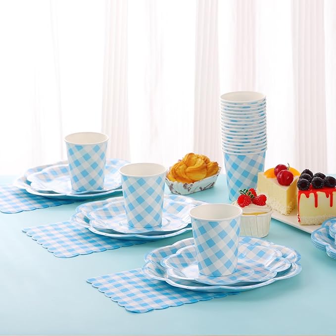 175 Pcs Blue Gingham Plates and Napkins Party Supplies - Blue and White Checkered Plates Sets Serve 25 Guests - Scalloped Gingham Paper Plate for Birthday Dinner Wedding Baby Shower Party Decorations-Ruum Studio Home