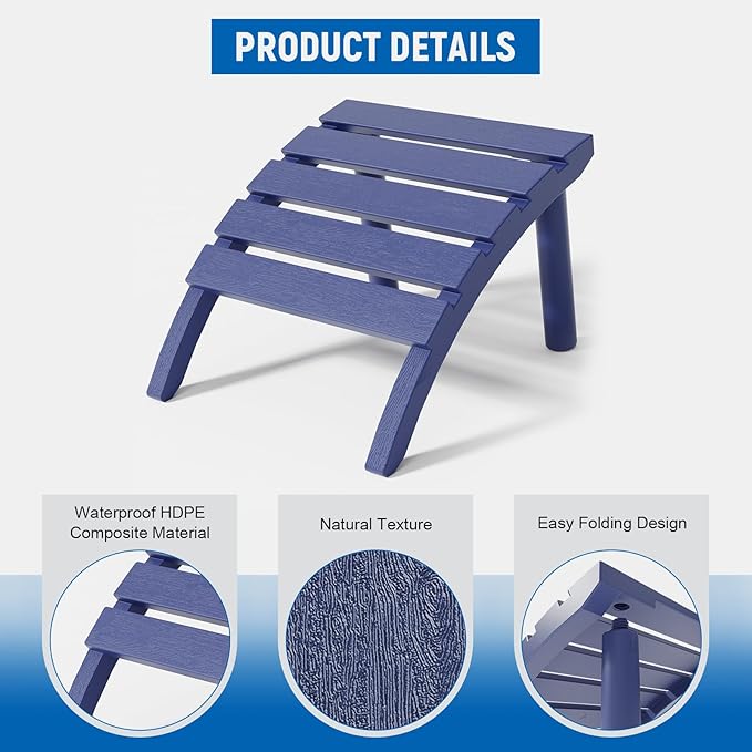 Adirondack Ottoman, HDPE Plastic Adirondack Footstool, All Weather Foot Rest for Adirondack Chair, Outdoor Footrest for Patio,Backyard, Lawn, Fire Pits, Navy Blue-Ruum Studio Home