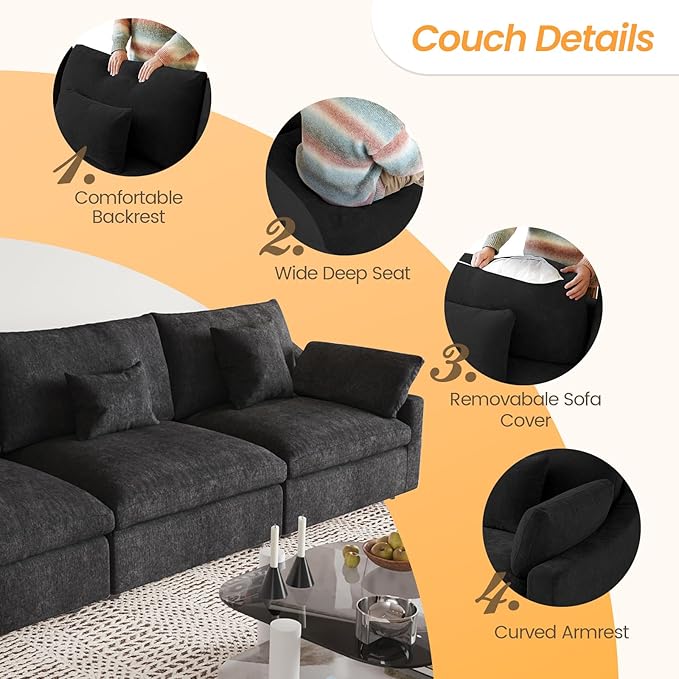 JACH Sectional Couches for Living Room, Cloud Sectional Couch with Deep Seat, Down Filled Modular Sofa, Covers Removeable & Washable, Love Seat Sofas Furniture for Living Room, Black-Ruum Studio Home