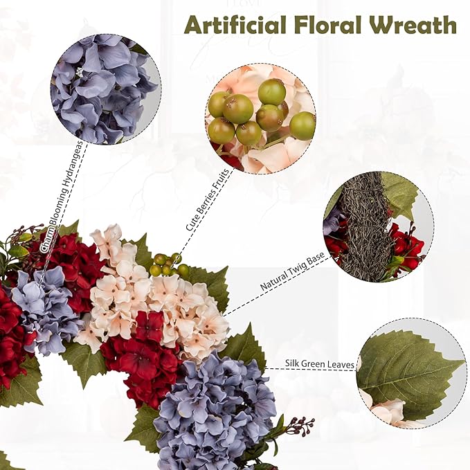 Fall Wreaths for Front Door, 24 inch Autumn Wreath with Hydrangeas Berries Large Fall Door Wreath Artificial Hydrangea Flowers Wreaths Autumn Decorations for Farmhouse Thanksgiving Harvest Door Wall-Ruum Studio Home