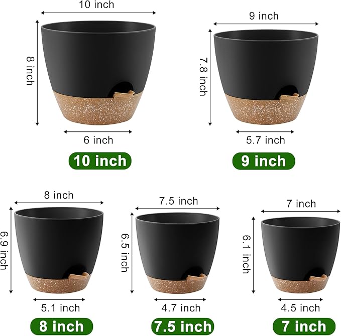 Plant Pots 10/9/8/7.5/7 Inch Self Watering Pots, Set of 5 Plastic Planters with Drainage Holes and Saucers,Plastic Flower Pots,Nursery Planting Pot for Indoor Out Door Plants(Black Brown)-Ruum Studio Home