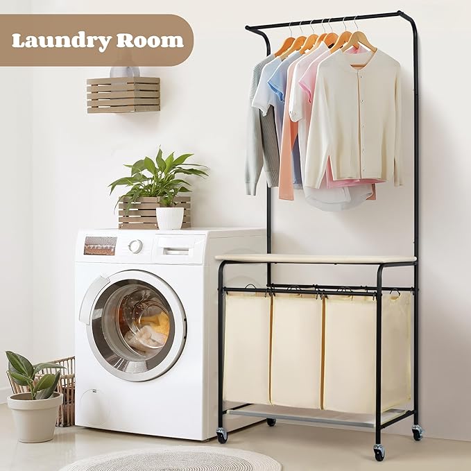 MYOYAY 3 Section Laundry Sorter with Garment Hanging Bar Rack Foldable Ironing Board, Laundry Basket Organizer Heavy Duty Laundry Hamper Rolling Cart with Lockable Wheels and 3 Removable Bags-Ruum Studio Home