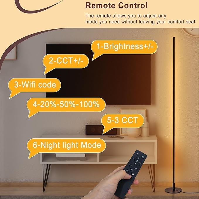Modern Floor Lamps for Living Room, 56" LED Black Corner Lights with Remote, Dimmable, Floor Standing Lamp for Bedroom Home Office-Ruum Studio Home