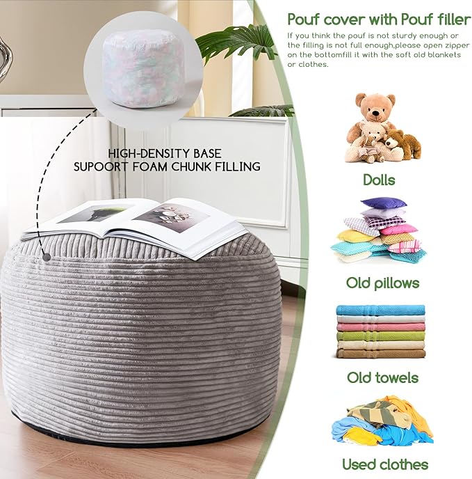 HIGOGOGO Round Stuffed Pouf Ottoman, Corduroy Poufs with Foam Chunk Filling, Furry and Fluffy Pouf Foot Stool Storage Ottoman, 26 X 18 Floor Poufs Foot Rest for Living Room, Grey-Ruum Studio Home