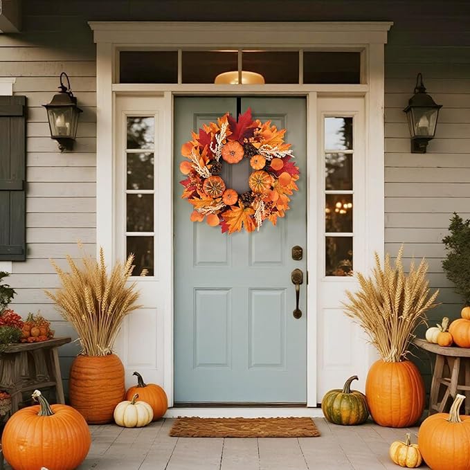 20 Inch Thanksgiving Fall Wreath, Berries Pumpkins Maple Leaves Pine Cones Autumn Wreaths with Hook for Front Door, Fall Decor, Porch Wall Home Outdoor Holiday Decorations Wreath for Autumn-Ruum Studio Home