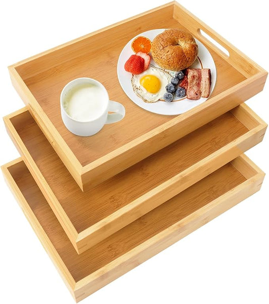 3 Pack Large Bamboo Serving Tray with Handles, 14 x 10 inch Wooden Dinner Tray, Home Kitchen Breakfast Trays for Living Room Bedroom Kitchen Dinner Table, Picnic-Ruum Studio Home