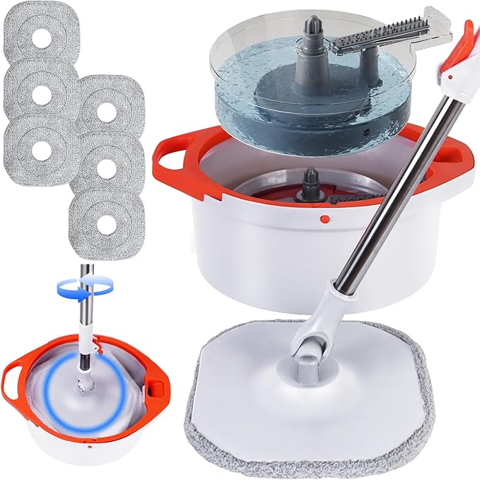 Spin Mop and Bucket Set with Separate Dirty and Clean Water,360° Spin Mop and Bucket System with Widening Foldable Handle,6 Replaceable Mop Pads,Square Mop for Floor Hardwood Wall Cleaning(White)-Ruum Studio Home