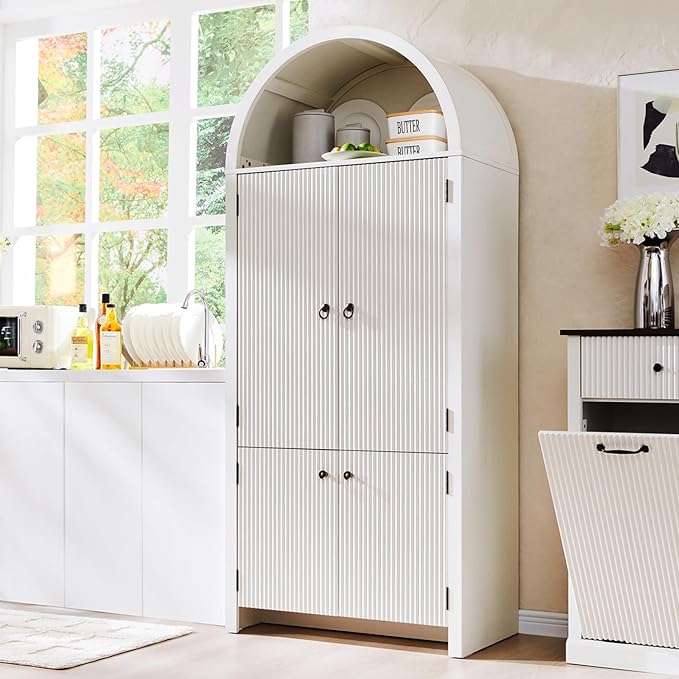 71" Tall Arched Bathroom Storage Cabinet, Modern Fluted Storage Cabinet w/Doors, 3 Adjustable Shelves, 6 Door Shelves, Wood Freestanding Cabinet for Bathroom, Entryway, Hallway, Antique White-Ruum Studio Home