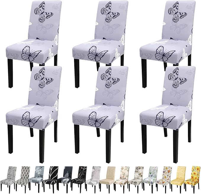 JQinHome Pattern Chair Covers for Dining Room Set of 6, High Stretch Removable Washable Parsons Chair Slipcover for Home Party Hotel Wedding Ceremony (Grey Butterfly,6PCS)-Ruum Studio Home