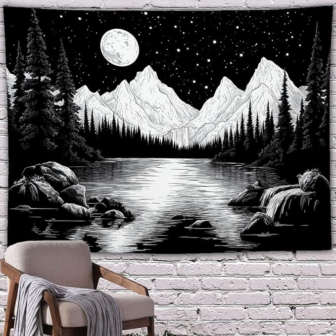 keowhsf Starry Night Mountain Lake Tapestry Black and White Tapestries Aesthetic Moon and Stars Wall Hanging Dark Nature Forest Tapestry for Bedroom Living Room Dorm Decor-Ruum Studio Home