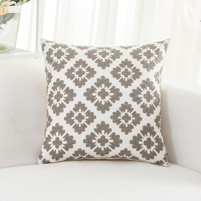 HWY 50 Grey Gray Decorative Throw Pillow Covers 18x18 Inch (1 Piece), Embroidered Cotton Farmhouse Cushion Cover Pillow Case for Sofa Couch Living Room Bed, Geometric Diamond Floral-Ruum Studio Home