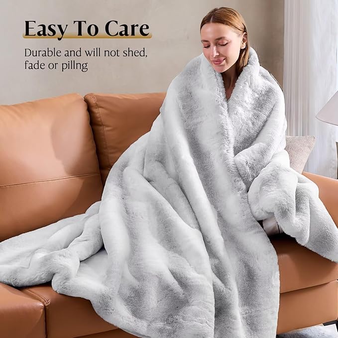 Luxury Faux Fur Blanket - Soft Warm Plush Blankets for Couch Sofa Bed, Fluffy Thick Throws for Bedroom, Office, Living Room, Decorative Reversible, Not Easy to shed - 70"x90", Grey/White-Ruum Studio Home