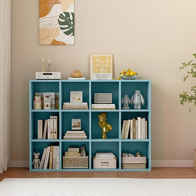 12-Cube Storage Shelf Bookcase - Wooden 3-Tier Floor Standing Open Bookshelf for Home and Office, Display Cabinet, Light Blue-Ruum Studio Home