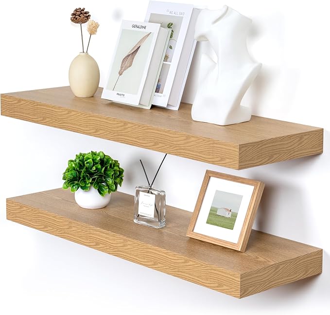 Deep Floating Shelves for Wall, 35.4W x 11.6D Rustic Large Wall Shelves Set of 2, 11.6 Inch Deep Oak Shelves 35.4 Inches Long, Bookshelf Laundry Shelf TV Shelf-Ruum Studio Home