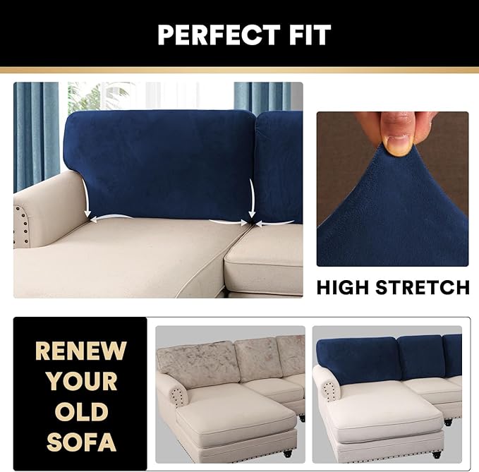 PrinceDeco Sectional Couch Covers Velvet Cushion Covers for Sectional Couch Cushion Covers for Sectional Sofa Separate Sectional Sofa Slipcovers Washable(1 Chaise Back+ 2 Sofa Back,Navy)-Ruum Studio Home