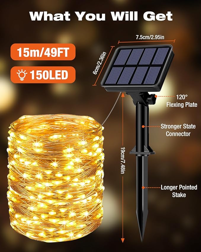 1 Pack Solar Fairy Lights for Outside Waterproof, 49FT/15M 150LED Solar String Lights Outdoor 8 Modes Solar Twinkle Lights for Garden Yard Christmas Tree Wedding Party Decor, Warm White-Ruum Studio Home