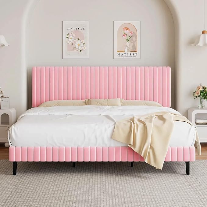 King Size Bed Frame with Headboard, Velvet Upholstered Platform Bed with Vertical Channel Tufted Design, No Box Spring Required, Easy Assembly, Pink-Ruum Studio Home