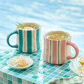 Striped Ceramic Coffee Mugs Set - 2 Pack, Pink & Green，Perfect for Morning Brew or Tea and Cocoa - for Coffee Lovers-Ruum Studio Home