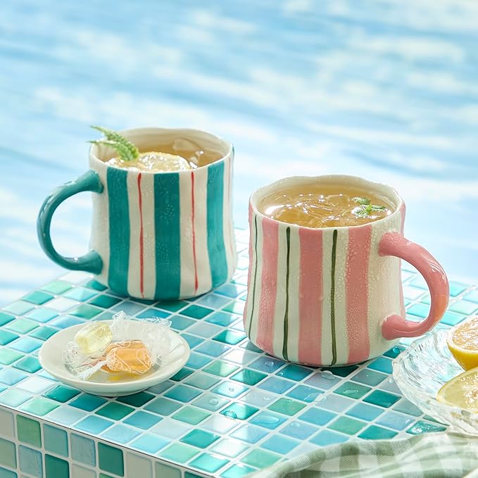 Striped Ceramic Coffee Mugs Set - 2 Pack, Pink & Green，Perfect for Morning Brew or Tea and Cocoa - for Coffee Lovers-Ruum Studio Home