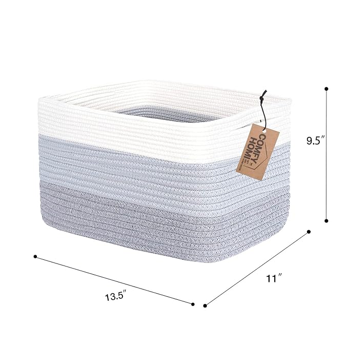 COMFY-HOMI 3PACK Cotton Rope Woven Basket With Handles for Shelves, Toy, Book, Cloth Storage Basket for Organizing|13.5" x 11" x 9.5" Decorative Nursery Cube Bin for Living Room（White / 3-Tone Grey）-Ruum Studio Home