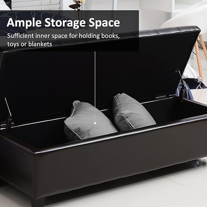 HOMCOM 51" Ottoman Storage Bench, Faux Leather Storage Chest with Lift Top, Tufted Ottoman for Living Room, Entryway, Dark Brown-Ruum Studio Home