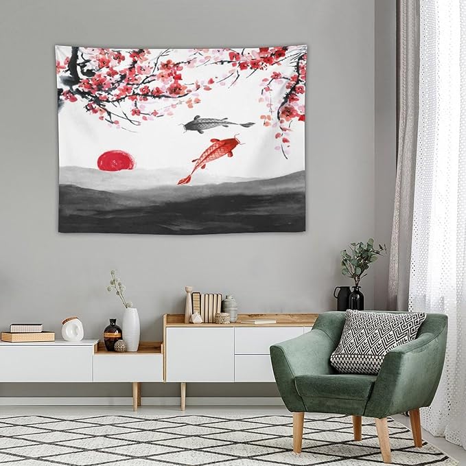 Japanese Koi Fish Tapestries, Cherry Blossoms Asian Oriental Flower Branch Koi Fish Carp Tapestry Wall Hanging for Bedroom Living Room Office Decor 40"x30"-Ruum Studio Home