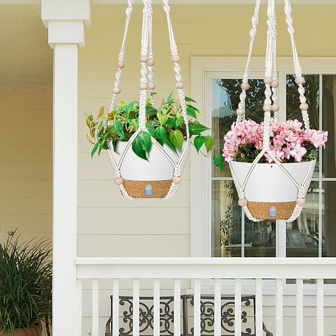 ZMTECH 2 Pack 10 Inch White Hanging Planters with Macrame Plant Hanger for Indoor and Outdoor Plants, Self Watering, Drainage Hole, Visible Level Tray-Ruum Studio Home