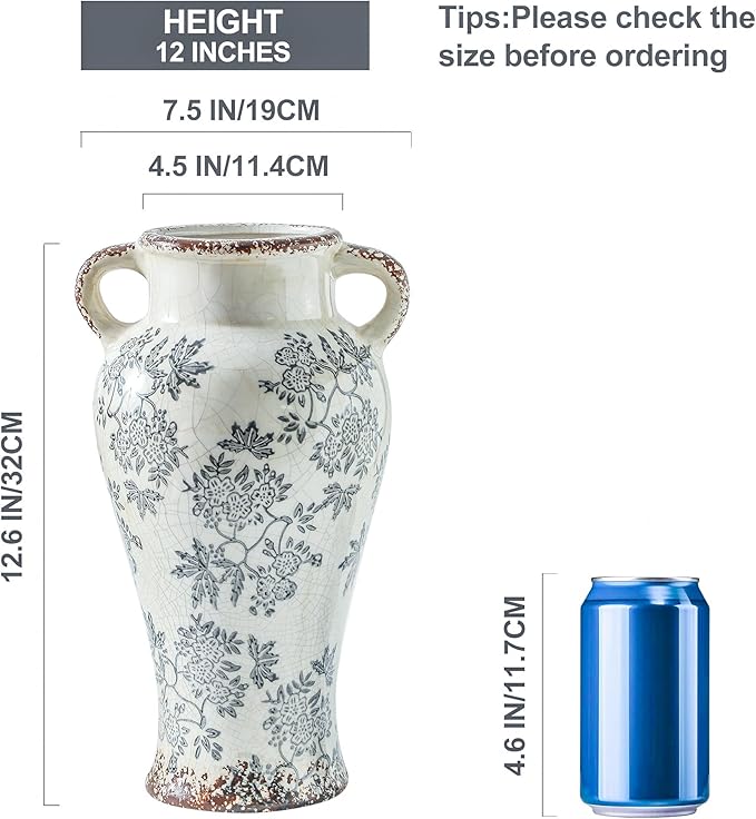 Enra Vintage vase with Handle,12.6 inch Blue and White Ceramic Decorative Flower vase, Chinoiserie Floral Vase,Large Rustic Vases for Home Decors, Living Room, Bookshelf, Office-Ruum Studio Home