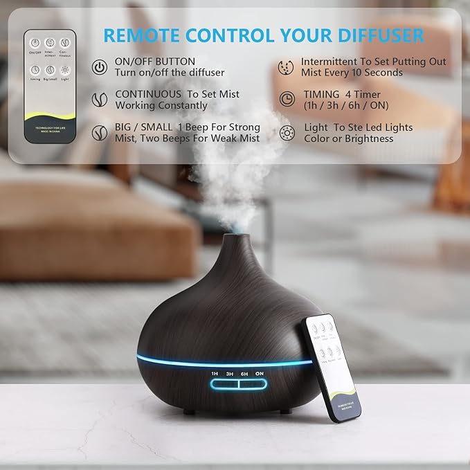 Diffusers for Essential Oils Large Room, 550ml Essential Oil Diffusers with Remote Control, Ultrasonic Oil Diffuser with Timer, 7 Colors Light for Bedroom-Ruum Studio Home