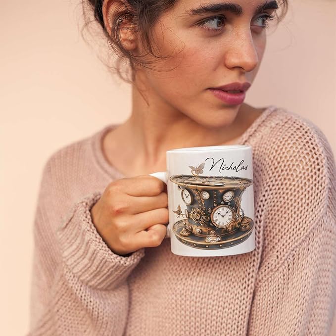 Personalized Coffee Mug Gift For Men, Customized Choose Name White Cup 11oz Or 15oz, Unique Steampunk Design Ceramic Cup, Custom Clock Themed Decorative Cup, Steampunk Decor Mug-Ruum Studio Home