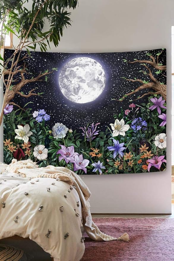 Neasow Aesthetic Moon Garden Tapestry Wall Hanging, Night Landscape with Colorful Plants Floral Tapestries for Bedroom Home Decor Multi Color 68×90 inch (172.5cm×230cm)-Ruum Studio Home