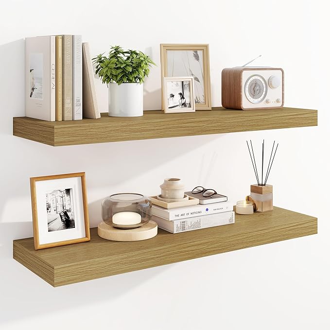 Marsmiles 31.5" Floating Shelves for Wall, Wooden Shelves with Invisible Brackets Set of 2, Rustic Farmhouse Wall Mounted Shelf for Kitchen Bathroom Living Room Study, Natural Oak-Ruum Studio Home