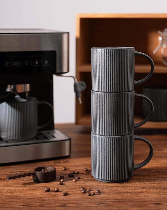 famiware Coffee Mug Set for 6, Star 12 oz Catering Mugs Cup Set with Handle for Coffee, Tea, Cocoa, Milk - Ceramic Stoneware Drinkware Set, Matte Dark Charcoal-Ruum Studio Home