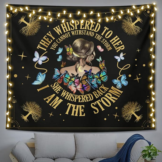 Inspirational Quote Tapestry Positive Motivational Uplifting Encouragement Gifts for Women Teens Girls,Inspirational Gift Wall Decor for Bedroom,They Whispered to Her You Cannot Withstand The Storm-Ruum Studio Home
