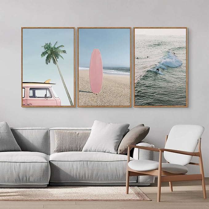 Tinonedraw Large Ocean Beach Framed Canvas Wall Art, Summer Coastal Surfboard Wall Decor, Palm Tree Pink Car Artwork, Modern Surfing Seascape Art Prints for Living Room Bedroom Office 24"x36"x3-Ruum Studio Home