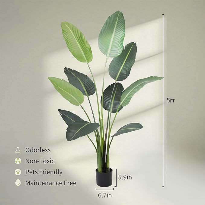 Worth Garden 59in Artificial Bird of Paradise Plant 4.9ft, Large Faux Tropical Tree for Office and Home, Lifelike Greenery for Indoor and Outdoor Spaces-Ruum Studio Home
