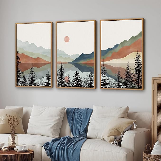 Tinonedraw Boho Mountain Framed Canvas Wall Art Set, Watercolor Nature Landscape Wall Decor, Black Pine Trees Forest Artwork, Neutral Modern Sunrise Art Prints for Living Room Bedroom Office 24"x36"x3-Ruum Studio Home