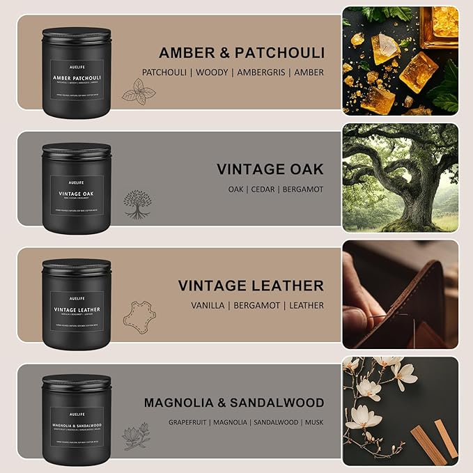 Scented Candles Set | Candle for Men, Soy Candles for Home Scented, Gifts for Men - Mens Gifts, 4 Pack Candle Gift for Dad Fathers Day (Leather/Vintage Oak/Amber Patchouli/Magnolia & Sandalwood)-Ruum Studio Home