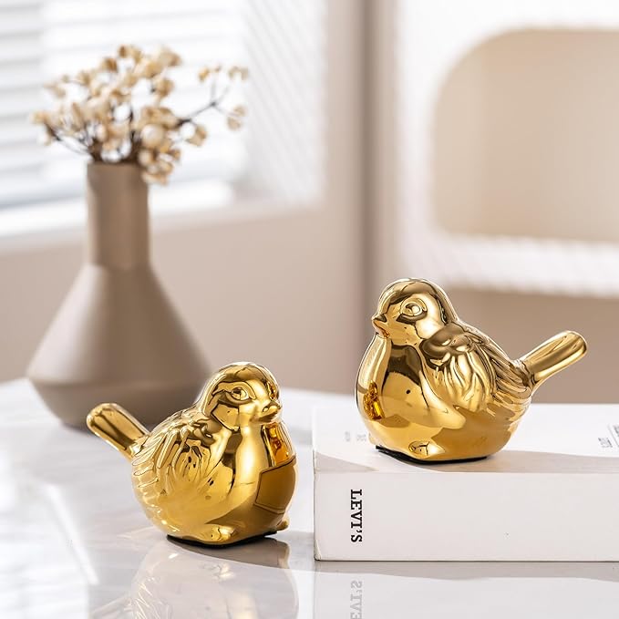 Set of 2 Small Birds Statues Gold Home Decor Modern Boho Style Figurine Decorative Ornaments for Living Room, Bedroom, Office Desktop, Cabinets, Shelf-Ruum Studio Home