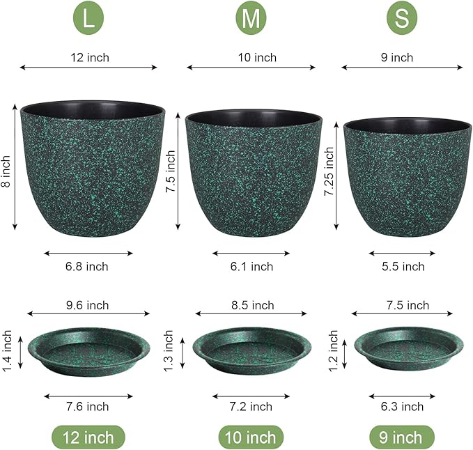 Large Flower Pots 12/10/9 inch, Set of 3 Decorative Plastic Planters with Drainage Holes and Saucers for Garden House Plants, Plant Pots for Indoor Outdoor Plants, Black with Green Speckles-Ruum Studio Home