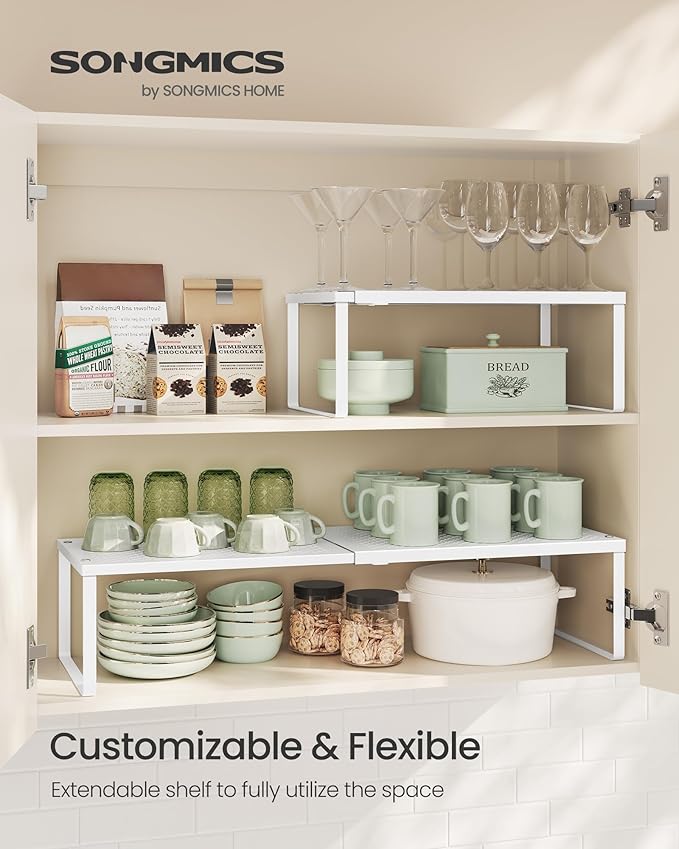 SONGMICS Spice Racks, Set of 2 Expandable Kitchen Countertop Shelves, Small Cupboard Organizers, Metal, Space-Saving Tabletop Shelves, Matte White UKCS402W01-Ruum Studio Home