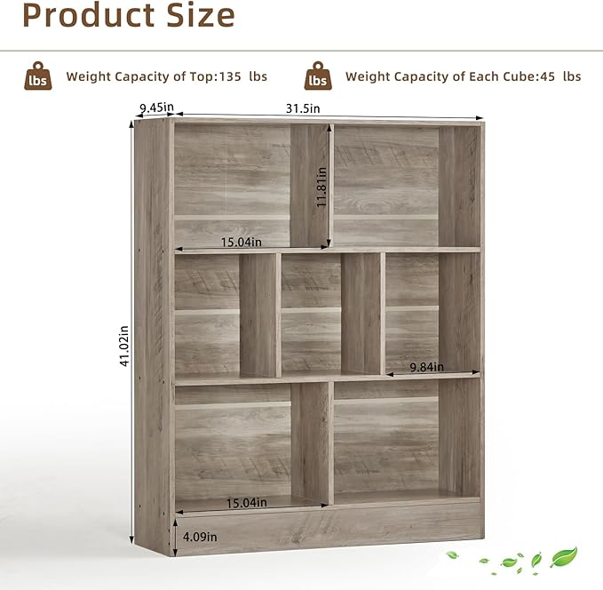 LEYAOYAO 7 Cube Bookshelf with Base,3 Tier Mid-Century Modern Grey Bookcase,Standing Wide Bookshelves Storage Organizer Shelf,Rustic Wood Display Cabinet Book Shelves for Bedroom,Living Room,Office-Ruum Studio Home