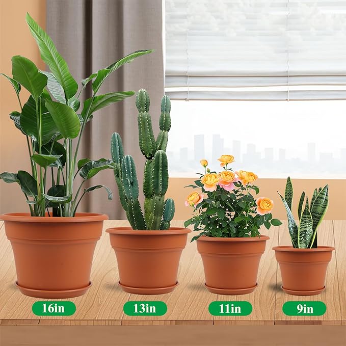 11 Inch Plastic-Flower-Pot-for-Indoor-Plants, 4 Pack Large Outdoor Planter Pot with Drainage Holes & Saucers, Resin Decorative Garden Pots Planters-Ruum Studio Home