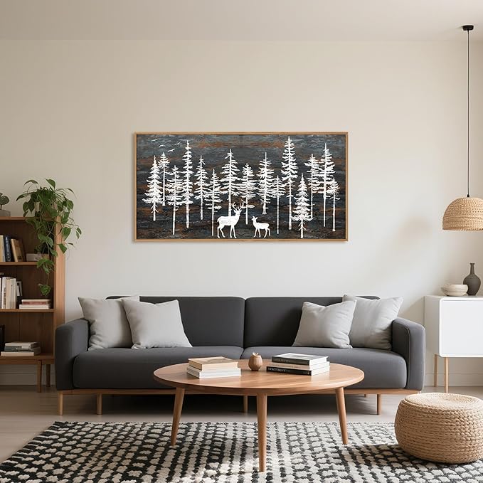 Modern White Forest Framed Canvas Wall Art Set, Minimalist Woodland Art Painting, Retro Tree Landscape Wall Decor, Wildland Deer Artwork for Living Room, Dining Room, Office - 20"x40"-Ruum Studio Home