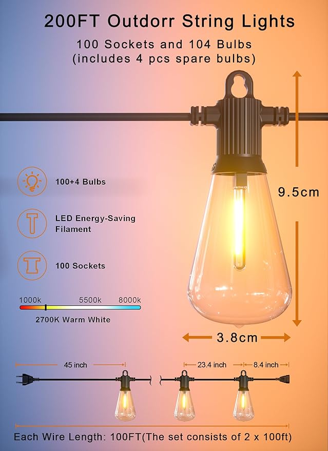 Outdoor String Lights, 200FT Patio Lights with 100 Shatterproof ST38 Globe Bulbs(4 Spare), Waterproof Connectable Dimmable LED Hanging String Lights for Outside Backyard Porch Balcony(100FT x 2)-Ruum Studio Home
