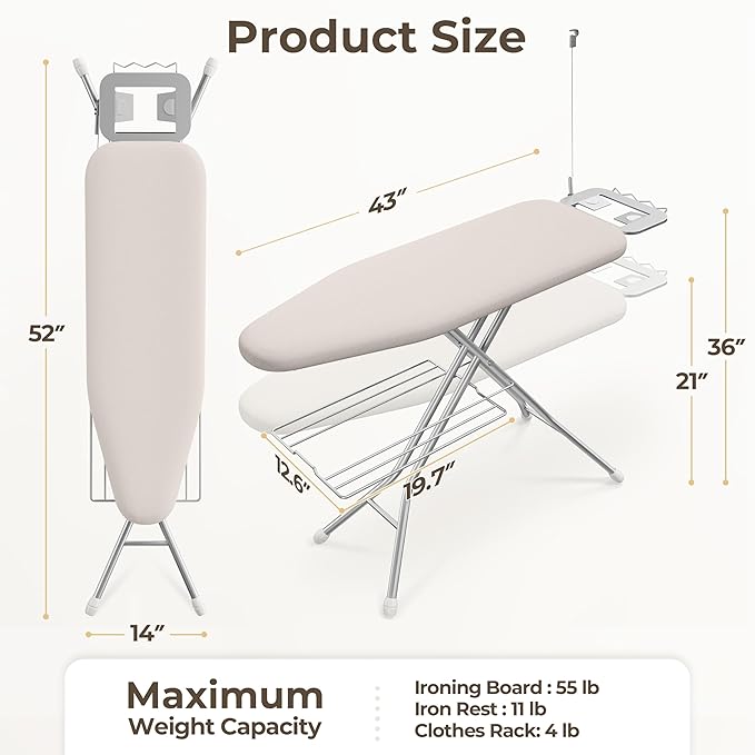 Yaheetech Ironing Board, Compact Iron Board with Cord Holder, Steam Iron Rest and Bottom Storage Tray, 9 Adjustable Heights & 3 Layer Cover, Folding Heavy Duty Ironing Board 52X14, Beige-Ruum Studio Home