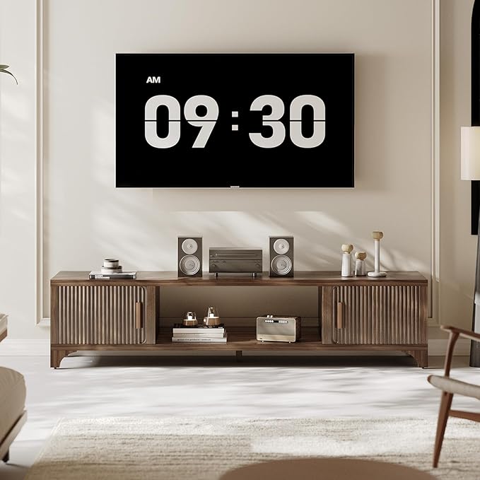 Mid Century Modern TV Stand for 70/75 Inches Television, TV Console with Fluted Doors and Storage, Entertainment Center for Living Room and Bedroom, Dark Brown-Ruum Studio Home