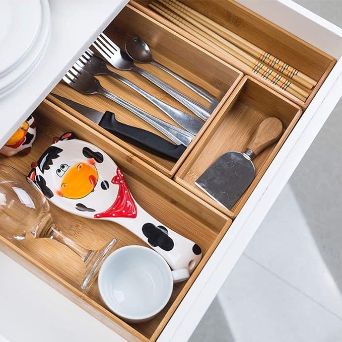 Bamboo Drawer Organizer - Kitchen Utensil Organizer Silverware Tray Cutlery Holder，Office Desk Supplies and Accessories (5.9x3x2.6 inch)-Ruum Studio Home
