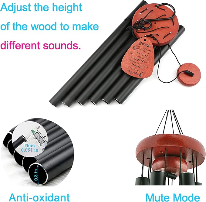 Memgift Memorial Wind Chime for Loss of Grandpa - Solid Beech Wood Sympathy Gift - Outdoor Bereavement Wind Chime for Garden, Patio - in Remembrance of Grandfather 32 Inch-Ruum Studio Home